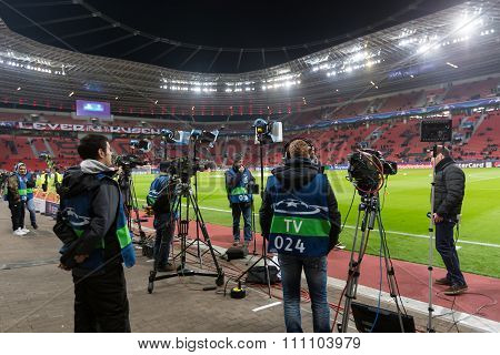 Media And Photographers  During The Uefa Champions League Game Between Bayer 04 Leverkusen Vs Barcel