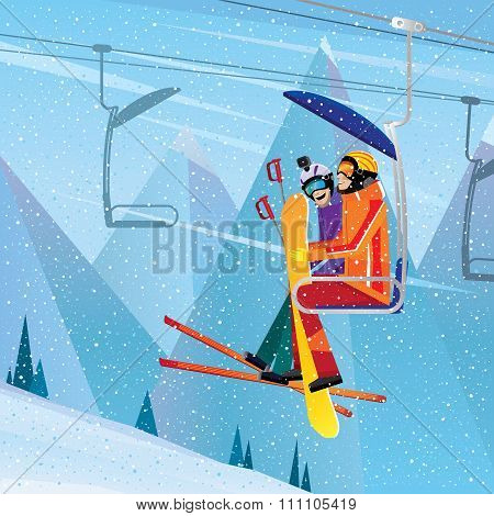 Sportsmen Climb The Mountain On Aerial Lift