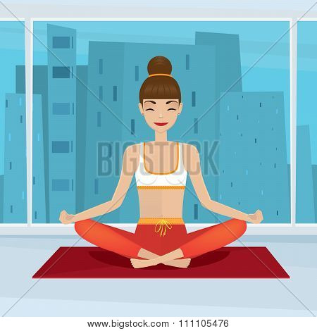 Girl Sitting In Yoga Pose Siddhasana Near Panoramic Window