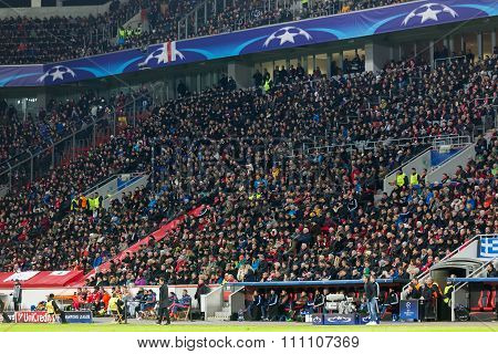 Bayer Fans Celebrating For Their Team During The Match Of The Champions League  Bayer 04 Leverkusen