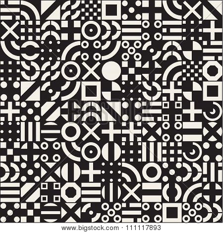Vector Seamless White Geometric Primitive Square Blocks Grid Pattern On Black Background