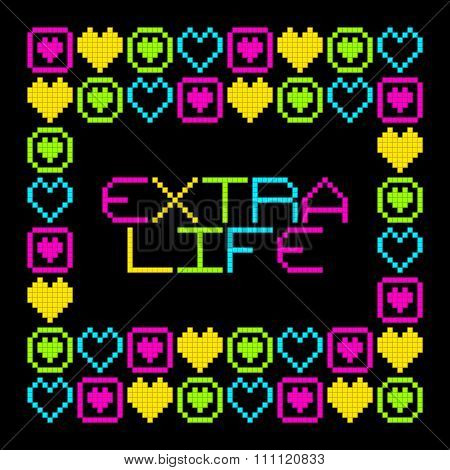 8-bit Pixel Retro Extra Life Message. Eps8 Vector