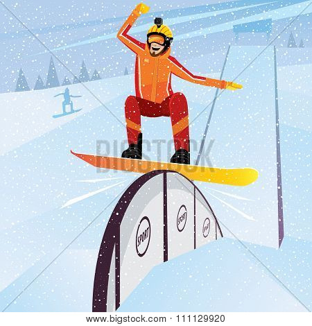 Extreme Athlete Moves Down From The Mountain On A Snowboard