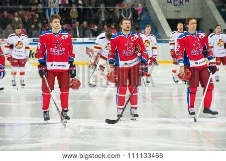 MOSCOW - MARCH 19, 2015: Hockey players CSKA listen to the national anthem in the hockey game Yokerit vs CSKA on Russia KHL championship in the sports complex CSKA Moscow, Russia. CSKA won 4: 2