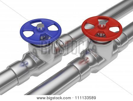 Blue And Red Valves On Steel Pipes Diagonal View
