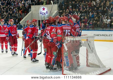 MOSCOW - MARCH 19, 2015: Hockey players CSKA rejoice the victory in the hockey game Yokerit vs CSKA on Russia KHL championship in the sports complex CSKA Moscow, Russia. CSKA won 4: 2
