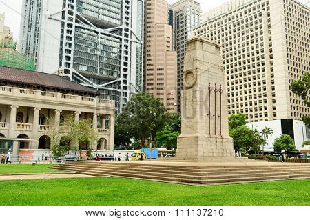 HONG KONG - MAY 06, 2015: The Cenotaph in Central. The Cenotaph is a war memorial, constructed in 1923 and located between Statue Square and the City Hall in Central, Hong Kong