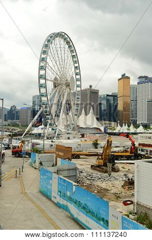HONG KONG - MAY 06, 2015: cunstruction progress of The Hong Kong Ovservation Wheel in May. The Hong Kong Ovservation Wheel is 60-meter tall ferris wheel in Central waterfront promenade