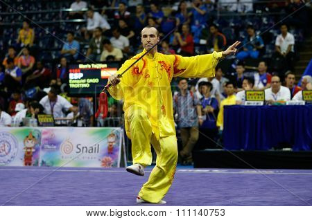 JAKARTA, INDONESIA - NOVEMBER 16, 2015: Ezequiel Troitino of Spain performs the movements in the men's Taijijian event at the 13th World Wushu Championship 2015 at the Istora Senayan Stadium.