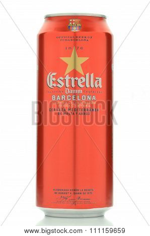 Estrella damm pilsner beer isolated on white background