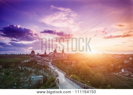 View on the castle in Kamianets-Podilskyi in the evening. Ukraine