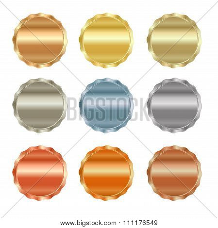 Vector Set Of Blank Stamps Of Gold, Red Gold, White Gold, Platinum, Silver, Bronze, Copper, Brass, A