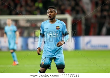 Wilfrid Kaptoum During The Uefa Champions League Game Between Bayer 04 Leverkusen Vs Barcelona At Ba