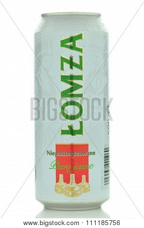 Lomza unpasteurized lager beer isolated on white background