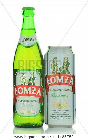 Lomza unpasteurized lager beer isolated on white background