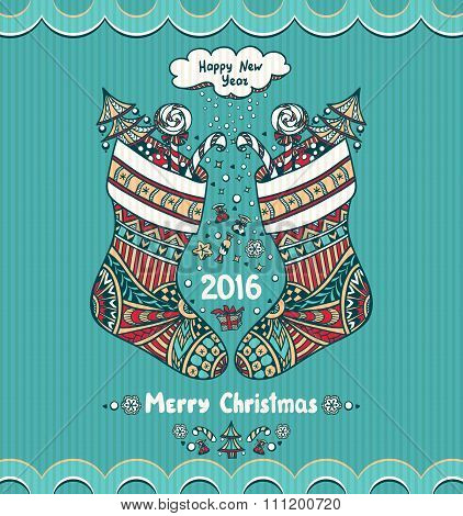 Christmas Stocks with gift  in Zen doodle style blue  background for Christmas or for  New Year Sale  or creative Post Card