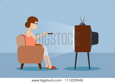Drawn Caricature The Woman Near The Tv