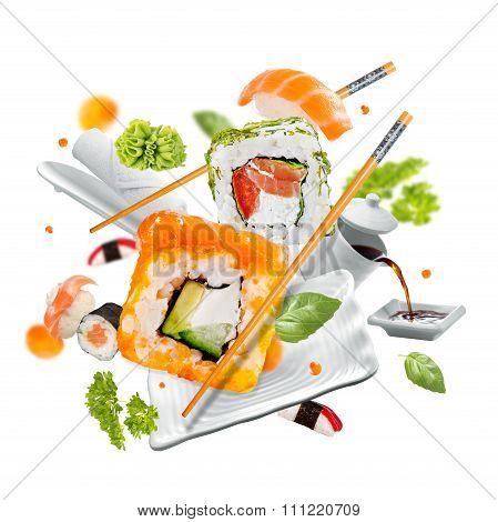 Delicious Pieces Of Sushi, Isolated On White Background