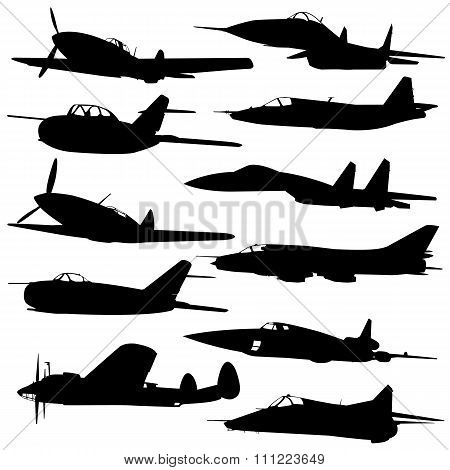 Collection Of Different Combat Aircraft Silhouettes.