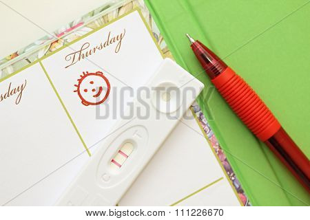 Pregnancy Test With A Positive Result And Female Weekly.
