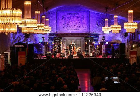 WIELICZKA POLAND - NOVEMBER 2 2015: Adam Kawonczyk Quartet playing live music at The Cracow Jazz All Souls' Day Festival in The Wieliczka Salt Mine. Poland