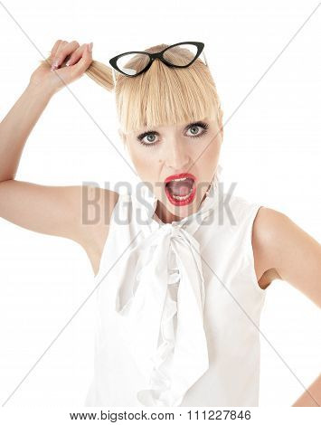 Crazy Blonde Business Woman In Stress Situation Over White Background.