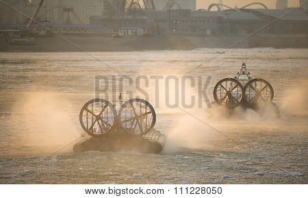 Two Russian ACV Hovercraft in Action on a Frosen River. Air Cush