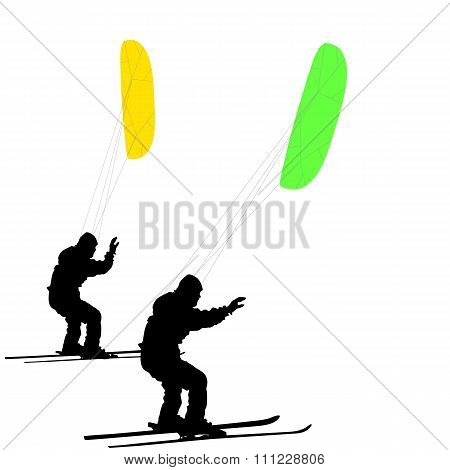 Men Ski Kiting On A Frozen Lake.  Vector Illustration.