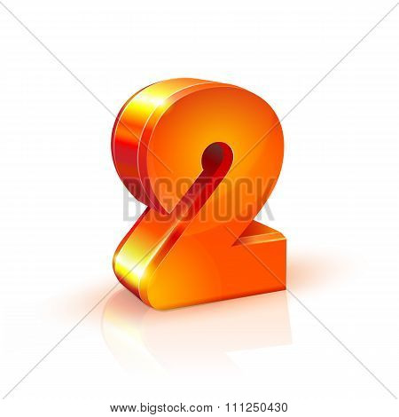 Shiny Orange Red 3D Number 2 On White Background