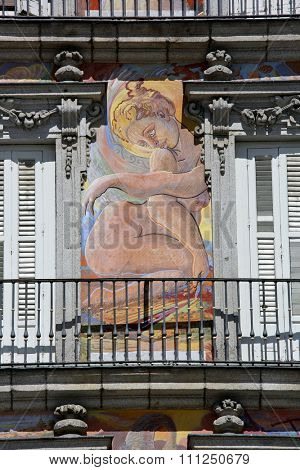 MADRID, SPAIN Ã¢?? September 17, 2015: Detail of Historic tenement house facade Casa de la Panaderia (Bakery House, 1619 now municipal and cultural building) Plaza Mayor.

