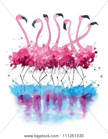 Flamingos watercolor painting