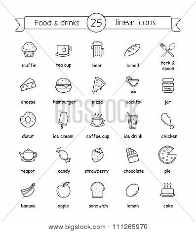 Food and drinks linear icons set with signs