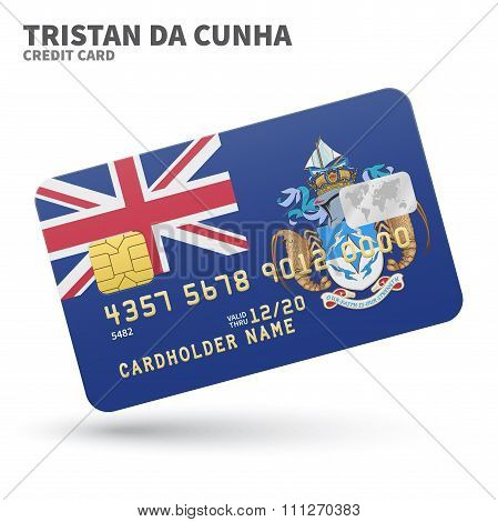 Credit card with Tristan da Cunha flag background for bank, presentations and business. Isolated on