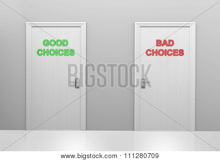 Two doors labeled good choices and bad choices