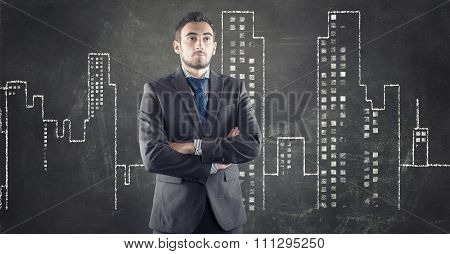 Businessman And Drawing Urban City