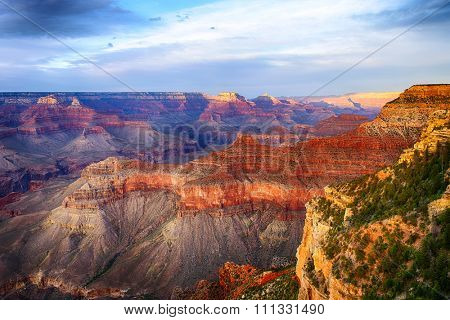 Beautiful colors and shapes of the Grand Canyon shortly after the sunset at Yavapai Point. Arizona, USA