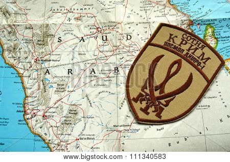 Kiev, Ukraine.NOV 13.Illustrative editorial. Chevron of Islamic extremist formation Crimea as part of Ukrainian Army.Background map November 13, 2015 in Kiev, Ukraine