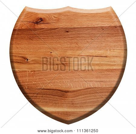 Wooden shield isolated on white. Natural oak wood. Retro