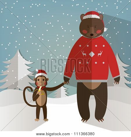 funny Monkey and forest Bear. Chinese Zodiac. New Year and Christmas greeting card. Winter backgroun