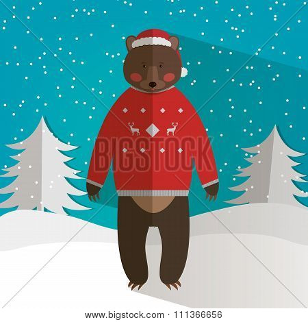 funny Monkey and forest Bear. Chinese Zodiac. New Year and Christmas greeting card. Winter backgroun