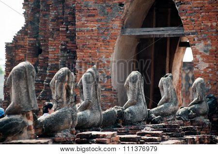 Ancient Buddha In Wat Chaiwatthanaram,Ayutthaya Historical Park Of Thailand.