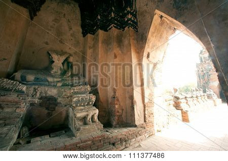 Ancient Buddha In Wat Chaiwatthanaram,Ayutthaya Historical Park Of Thailand.