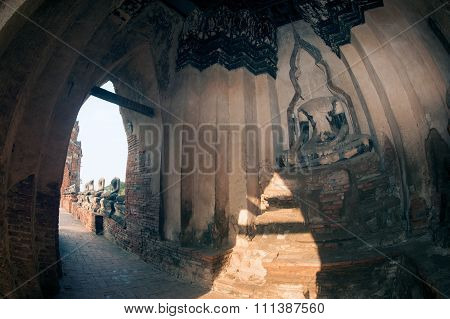 Ancient Buddha In Wat Chaiwatthanaram,Ayutthaya Historical Park Of Thailand.