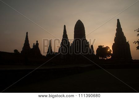 AYUTTHAYA,THAILAND-JANUARY 18,2015 : Ancient Pagoda in silhouette of  at Wat Chaiwatthanaram,The temple was construction in 1630,name literally means of long reign and glorious era,in Ayutthaya Historical Park,Ayutthaya city,Thailand.