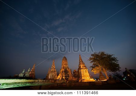 Twilight Scene Of Pagoda In Wat Chaiwatthanaram,Ayutthaya Historical Park Of Thailand.