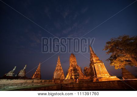 Twilight Scene Of Pagoda In Wat Chaiwatthanaram,Ayutthaya Historical Park Of Thailand.