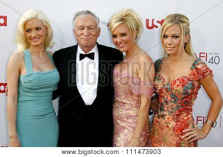 Holly Madison, Hugh Hefner, Bridget Marquardt and Kendra Wilkinson attend the 35th Annual AFI Life Achievement Award held at the Kodak Theatre in Hollywood, California, on June 7, 2007.