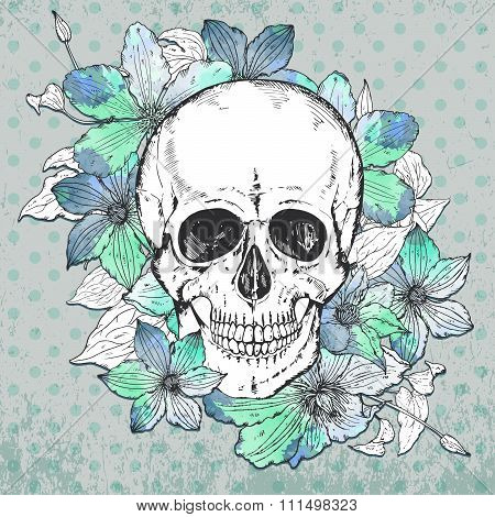 Vector Illustration With Hand Drawn Human Skull, Clematis Flowers