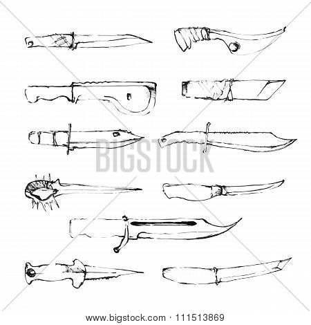 Set of hand drawn fighting knifes isolated on white