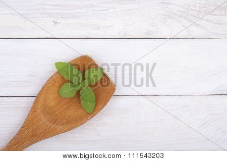 Wooden Kitchen Spoon With A Young Leaf Of Basil.